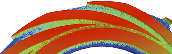 Three-dimensional (3-D) microscope topography of a spiral groove pattern