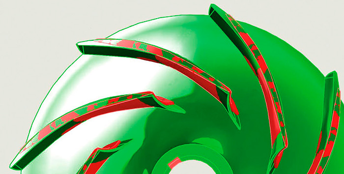 Figures 2 and 3. Reverse engineering shows differences between the stainless steel impeller, in red, and the bronze impeller, in green.