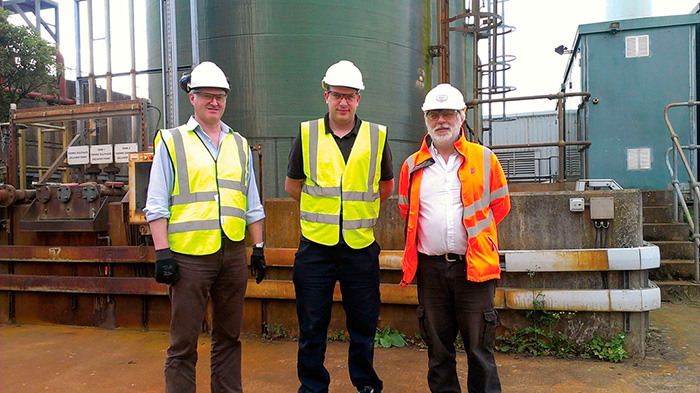 Image 1. Ben Saunders and Wayne Daysh of WES Ltd., a chemical dosing solutions provider, visit the Maple Lodge Sewerage Treatment Works with Thames Water operator Pete Thomas.