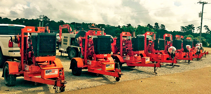 Godwin pumps are gathered and ready to be installed at flooded municipal and industrial sites across Louisiana