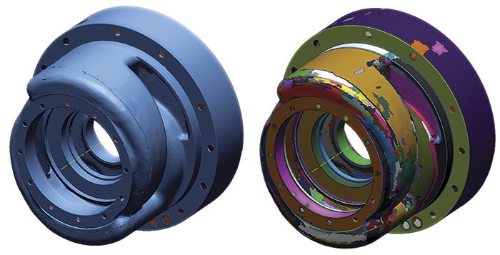 Figures 1 & 2. Data collection (Figure 1, left) and data discrepancy color maps (Figure 2, right) in 3-D models (Graphics courtesy of Hydro Inc.)