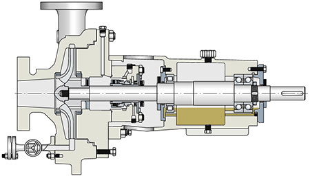 IMAGE 2: Pair of single-row angular contact ball bearings (located at right, supporting the input shaft) in centrifugal pump