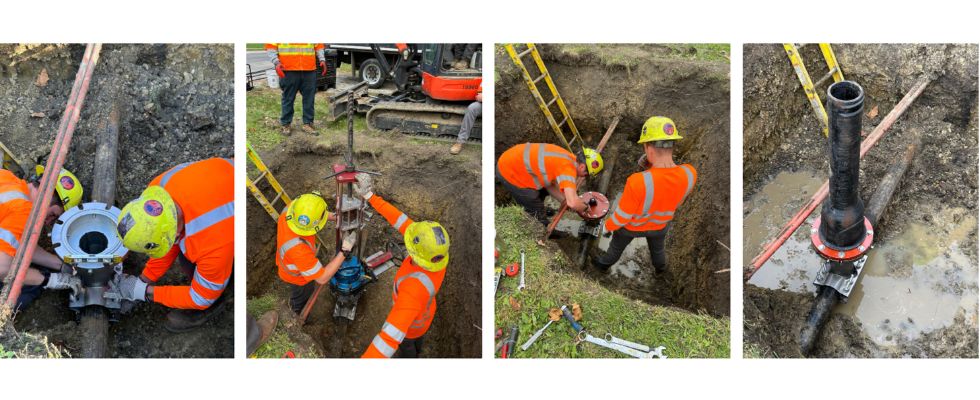 IMAGES 1-4: A two-person team installs a 4-inch insertion valve in central Illinois. The installation was completed in about an hour. (Images courtesy of Hydra-Stop)
