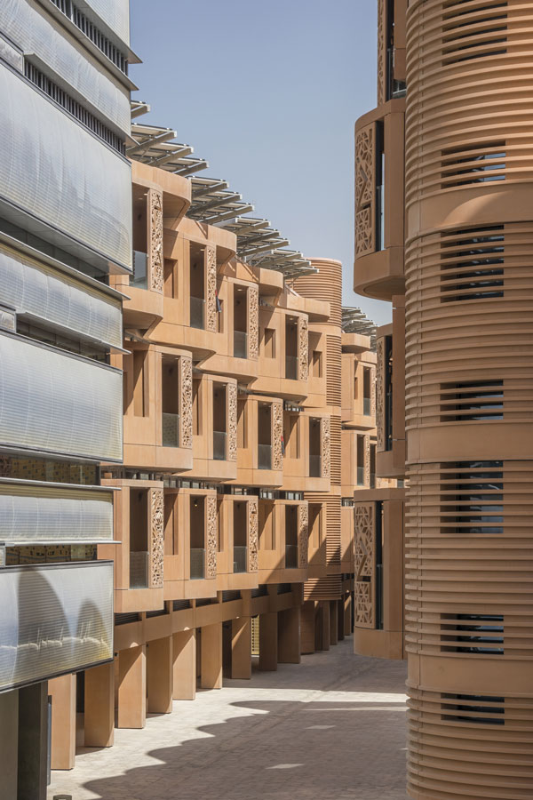 Buildings in Masdar City are close together, providing shade for residents and less stress on the pumps.
