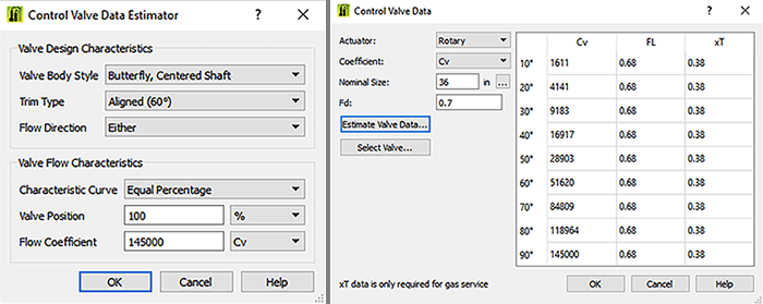 A sample control valve data estimator dialog box.