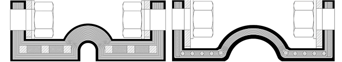 Figure 1. Cross sections of bi-directional REJ (left) vs. unidirectional REJ (right) 