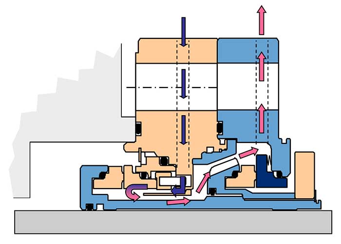A cartridge-style dual mechanical seal with bidirectional tapered pumping device