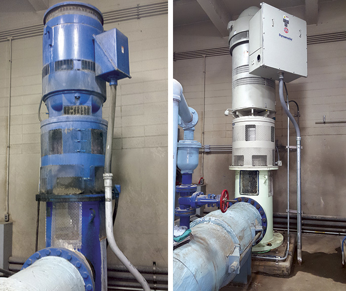 Images 1 (left) and 2 (right). A water utility in southern Indiana recently replaced an aging 500-horsepower eddy current drive on a high service pump (Image 1) with a new unit of the same model (Image 2). It was still operational after more than 30 years of service.