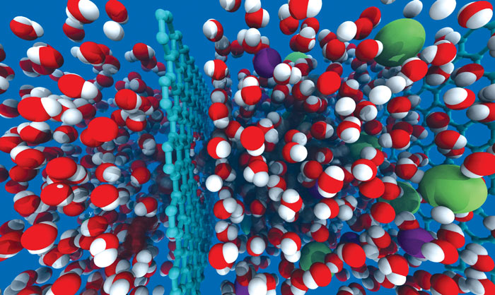 Visualizations of nanoporous graphene as a water desalination membrane.