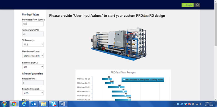 Screenshot of the values used to configure the appropriate product to meet specifications