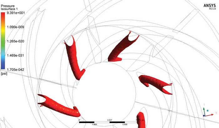 Figure 1. Original design showing cavitation (top) and solution provider design showing no cavitation (bottom) 