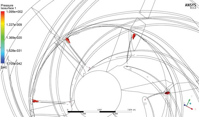 Figure 1. Original design showing cavitation (top) and solution provider design showing no cavitation (bottom) 