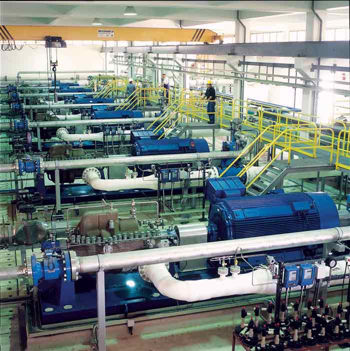 High-pressure membrane feed pumps with energy-recovery turbines were used in the original installation.