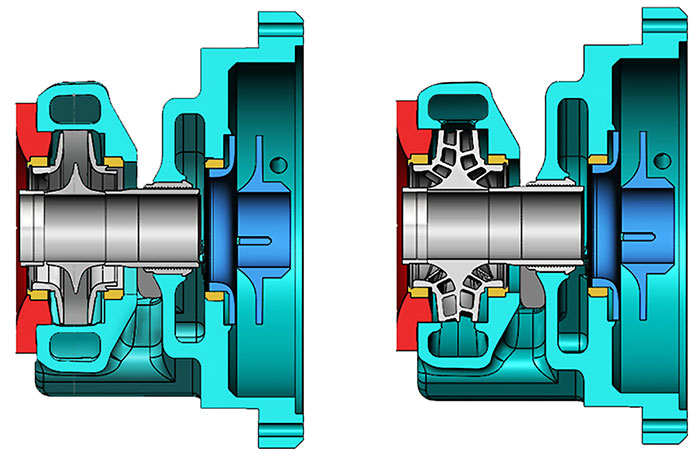 Original first-stage impeller versus upgraded 1st stage impeller design