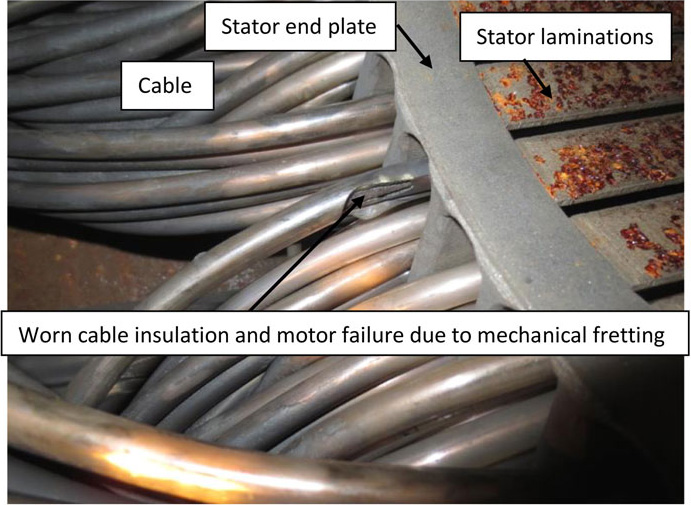 This shows failure to ground due to mechanical fretting and insulation wear.