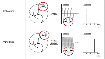 Pump forced vibration for imbalance and vane pass occurring at one time and three times shaft rotational speed.