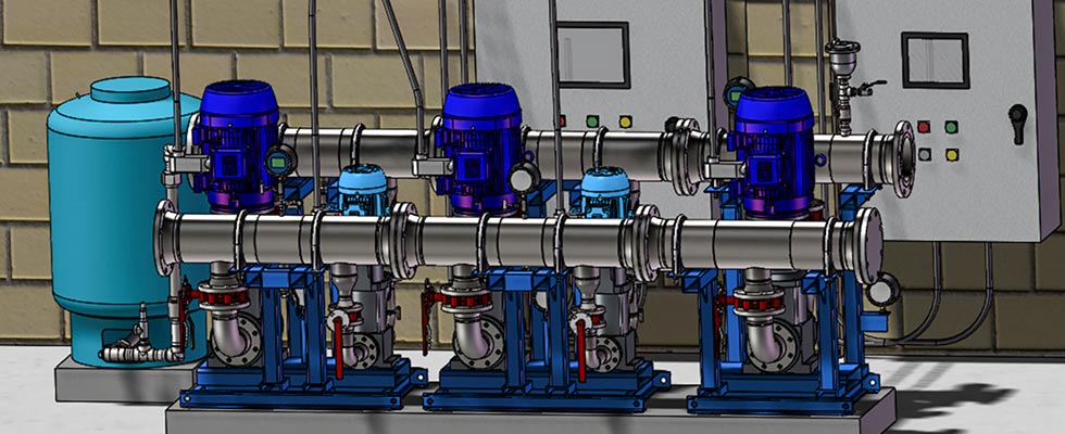IMAGE 2: Example of a pump station with integrated VFDs and multiple jockey pumps to provide constant discharge pressure and automatic staging to meet demands of 15 to 600 gallons per minute. The single source design of the pump station and drives allows complete coordination of controls and hydraulics for maximum benefit from the VFDs for the specific installation. m optimization (Images courtesy of Geiger Pump & Equipment)