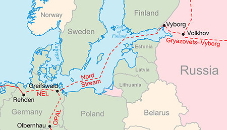 IMAGE 3: Path of Nord Stream pipelines from Russia to Germany. Source: Wikipedia