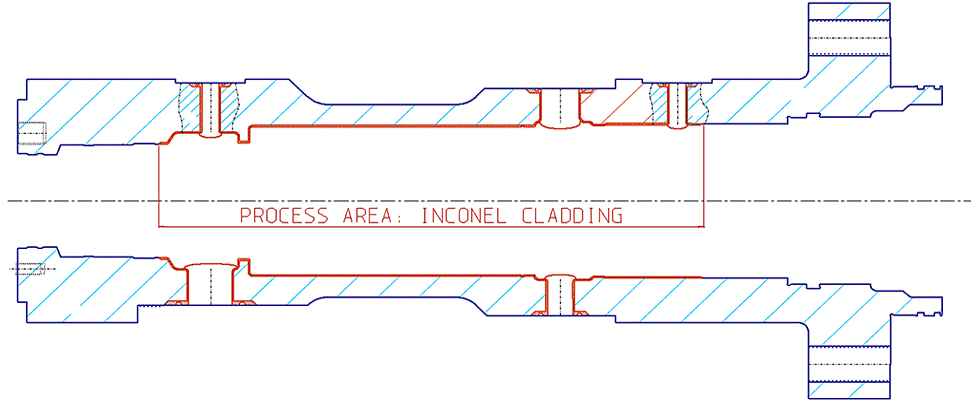 IMAGE 5: A drawing showing the areas of the pump casing to be clad with Inconel 625 