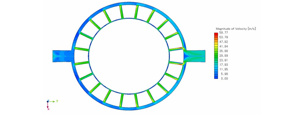 IMAGE 1: This computational fluid dynamics (CFD) image shows the velocity/flow profile in the air channel of an air seal. This seal creates a uniform velocity profile in the throttling area, producing an air boundary on which the throttle floats, not touching the shaft or sleeve.1  (Images courtesy of SEPCO)