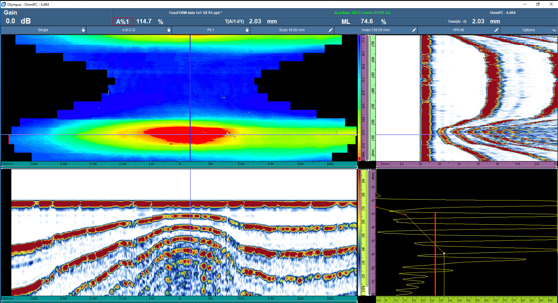 IMAGE 5: C-, B-, D- and A-scan views of flow-accelerated corrosion in a carbon steel pipe