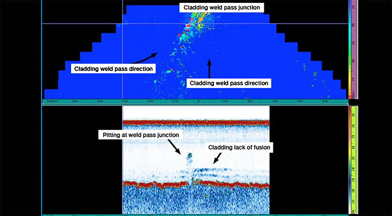 IMAGE 4: Phased array ultrasonic testing (PAUT) data with C-scan and B-scan views of corrosion pitting and weld cladding lack of fusion