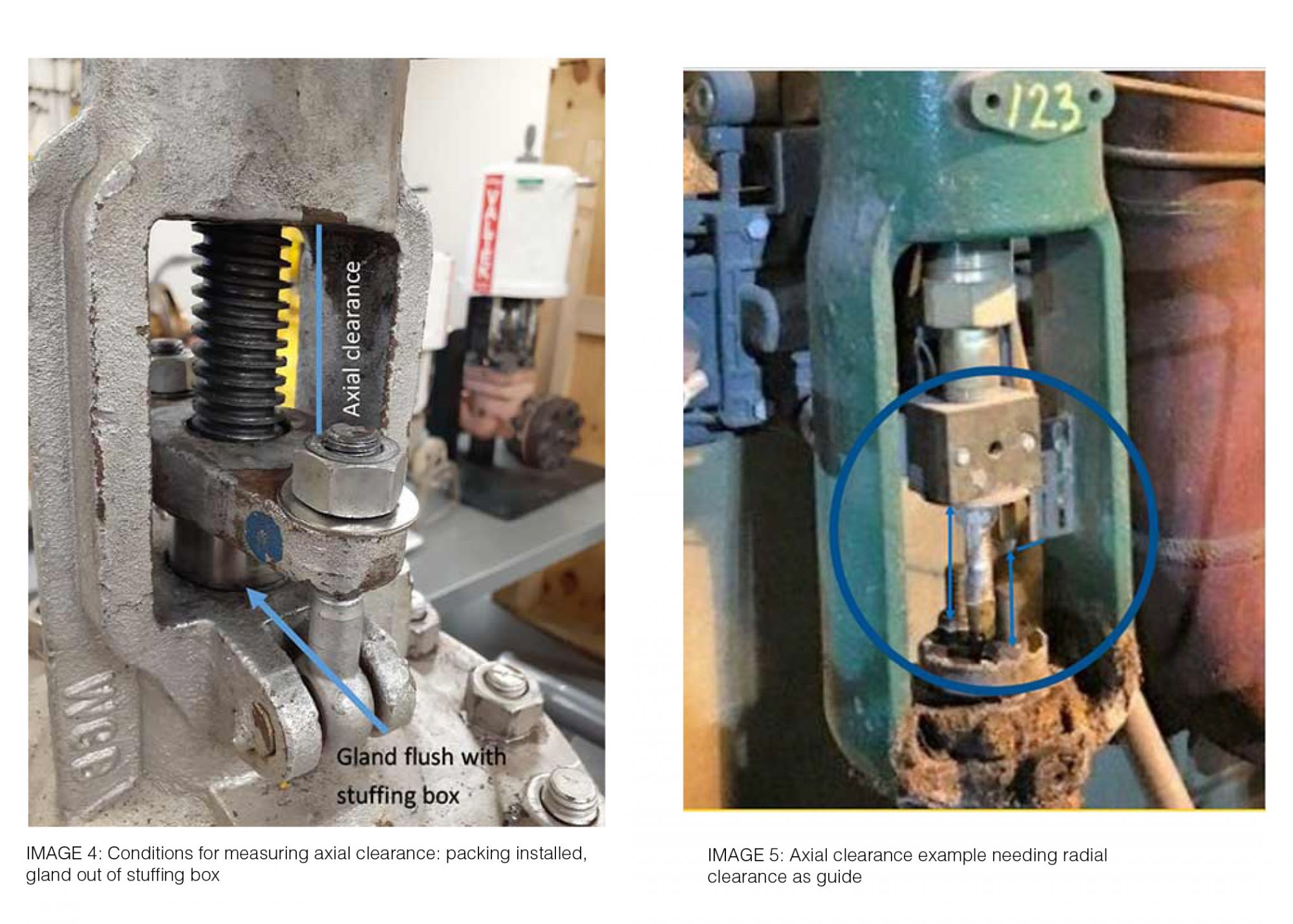 IMAGE 4: Conditions for measuring axial clearance: packing installed, gland out of stuffing box and IMAGE 5: Axial clearance example needing radial clearance as guide