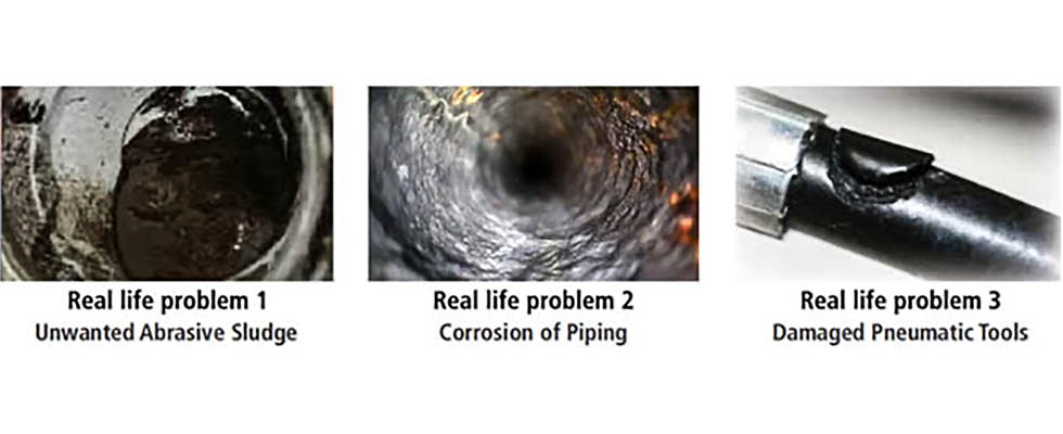 IMAGE 1: Dirt particles, moisture and oil can lead to unwanted abrasive sludge, corrosion of piping and damage to pneumatic tools. (Images courtesy of ELGi)
