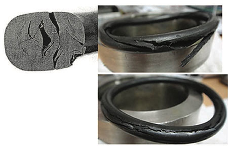 IMAGE 4: Typical rapid gas decompression (RGD) damage on elastomer O-rings used in turbomachinery applications (Image courtesy of Carmody & Kaminske, Sealing Technology, Vol. 2015, Issue 12, pp. 8-12)