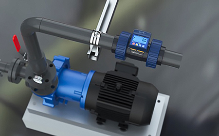 IMAGE 1: Paddle wheel/turbine flow meter on a chemical pump (Image courtesy of Finish Thompson and Icon Process Controls)