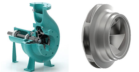 Centrifugal pump (left) and impeller (right)
