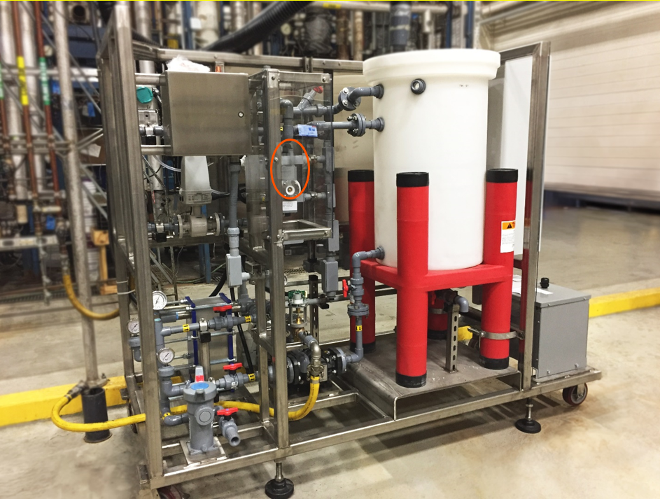 IMAGE 4: Schematic and photo of an electro-oxidation R&D plant developed using a free-standing BDD EOx cell, which is circled in orange. 