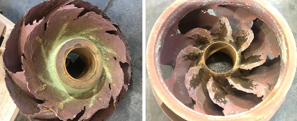 Impellers from a water treatment plant which all had severe corrosion from the chlorine addition to the water 