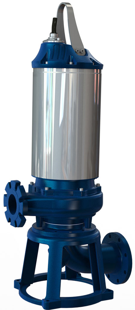 A dry run submersible pump installed in a dry application, vertically with a stationary suction elbow.