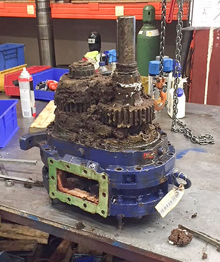 IMAGE 1: A leaking seal in a lobe pump without an air gap allowed sludge  to intrude in the gearcase, causing this damage. (Images courtesy of Swaby LOBELINE)
