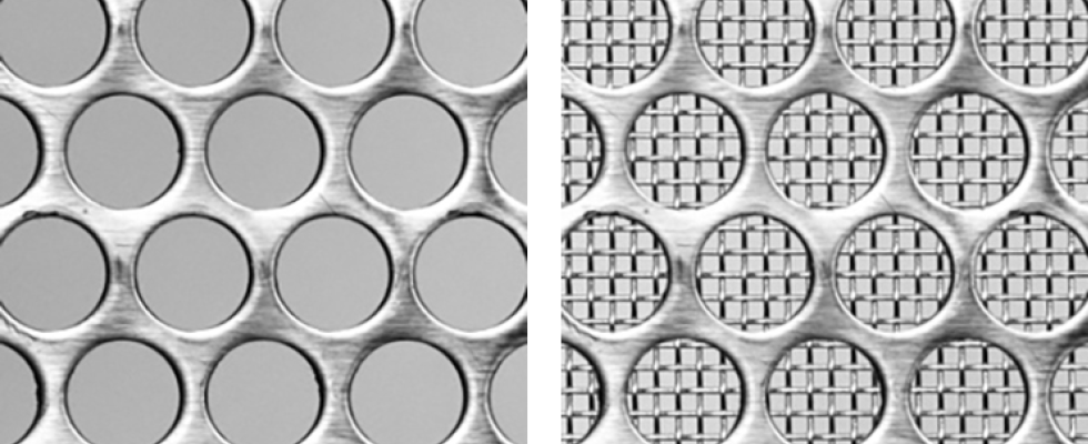 IMAGES 2-3: Perforated for coarse straining (left); mesh-lined for finer straining (right)