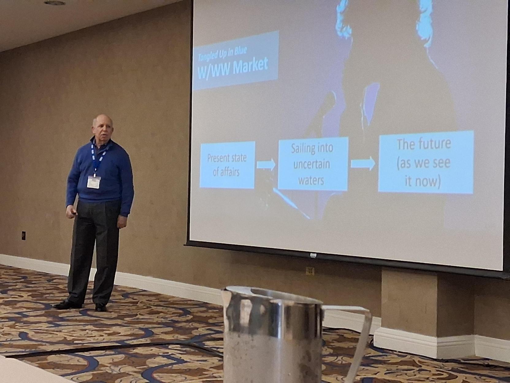 Image 1: Keynote speaker Tom Decker speaks on the uncertainties of tariffs, regulations and other issues currently affecting the pump industry.