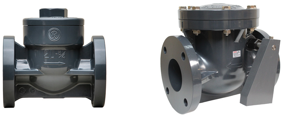 IMAGES 4-5: (Left) Flow control arrow molded on the body of a swing check valve; (right) Swing check valve with spring assist