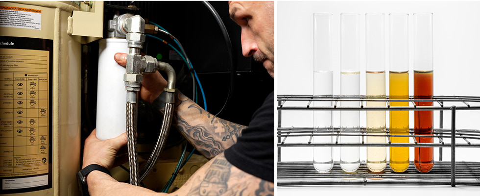 IMAGE 2: A maintenance technician replaces a filter in a compressor unit; IMAGE 3: Oil degradation over time—fluids submitted for used oil analysis