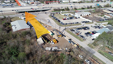 NETL crossing under US-59, arrow showing tunnel shaft and the direction of underground route