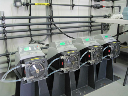 Photo of pumps installed at Dana Point reservoir sodium hypochlorite application