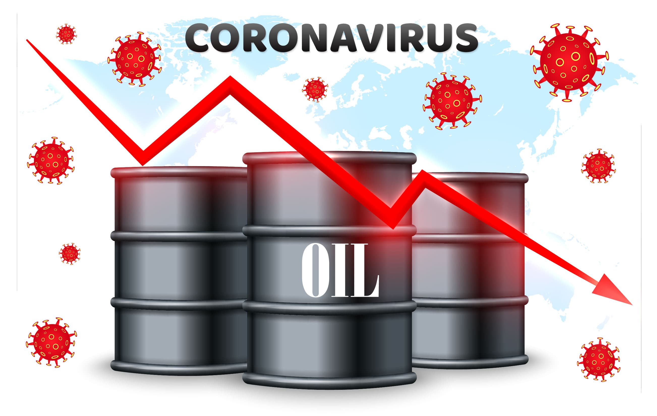 Arrow pointing down in front of oil barrels and the word coronavirus