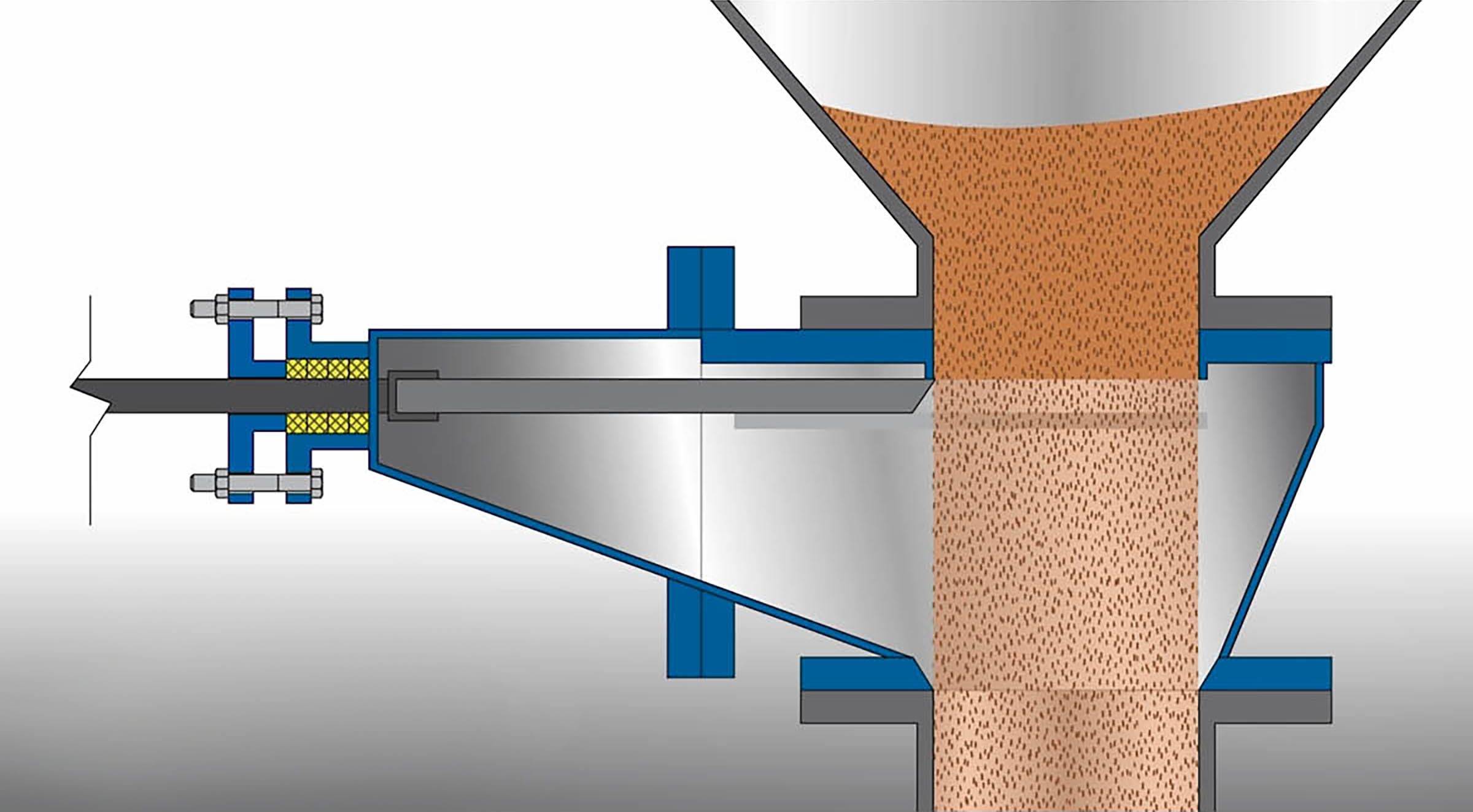 A specialized tapered-body knife gate valve has a displacement pocket fabricated into the valve body, which enables the valve to close through a standing column of dry, packed material.