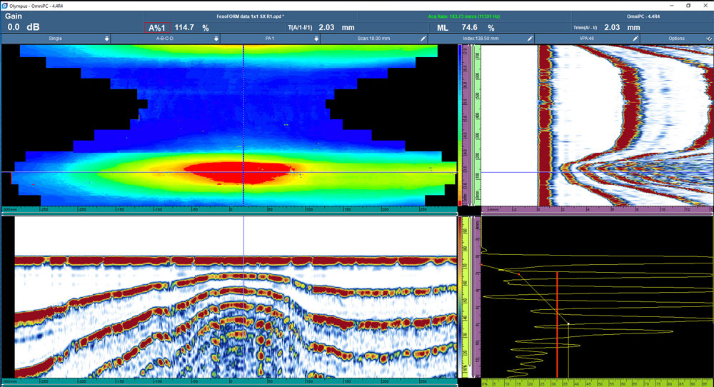 C-, B-, D- and A-scan views of flow-accelerated corrosion in a carbon steel pipe