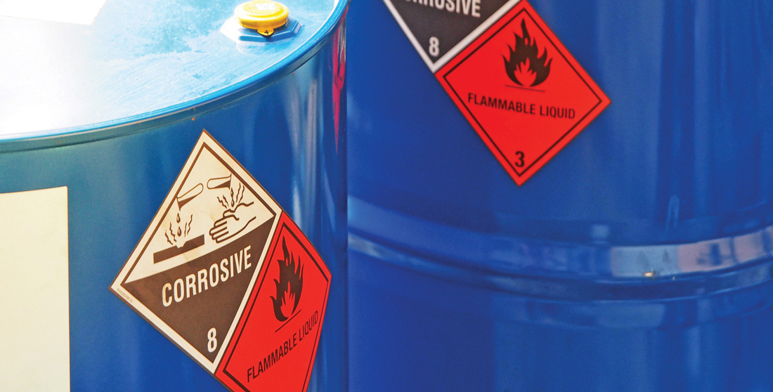 Drums containing corrosive, flammable liquid (Images courtesy of Finish Thompson)