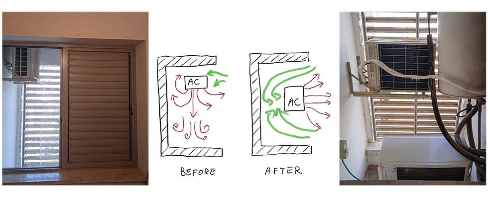 Outer unit before (left) and after (right), to improve hot air exit to outside