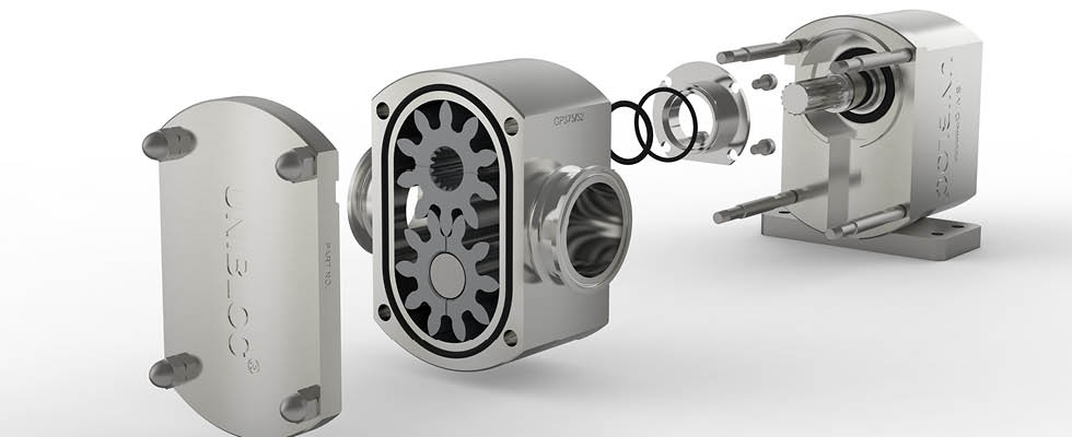 An exploded view of a gear pump showing its external gear design.