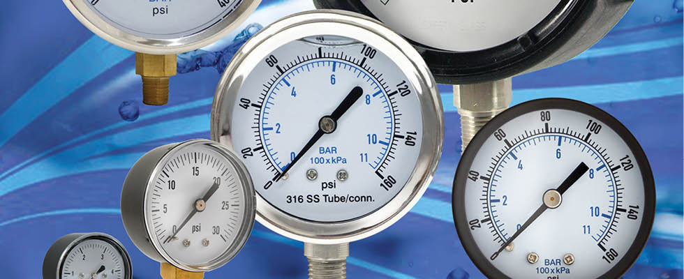 Assorted pressure gauges used in water, wastewater, HVAC and other industries