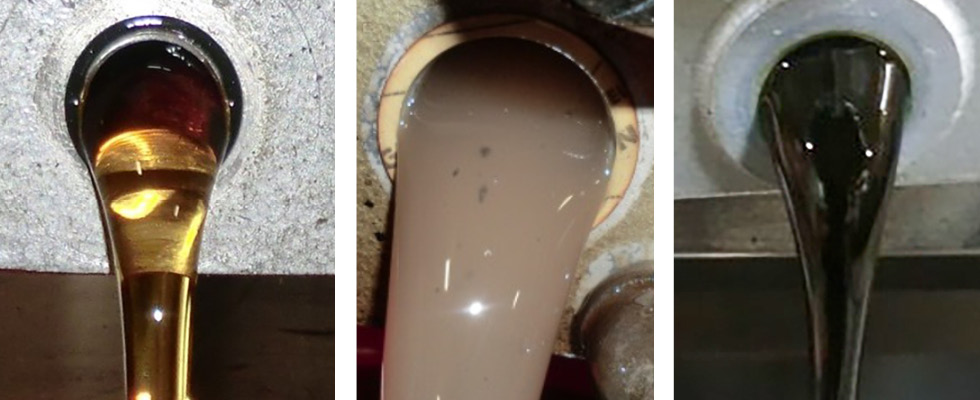 IMAGE 1: Clean oil (left), oxidized oil (middle) and watered oil (right) (Images courtesy of Anderson Process)