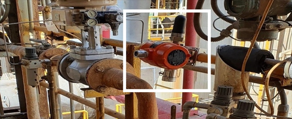 A WirelessHART gas detector deployed over a pipe flange
